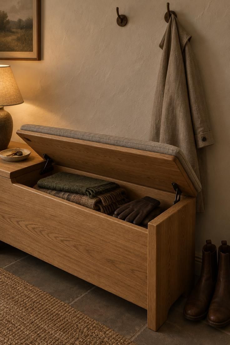 A white oak bench with its lift-top seat open to show folded scarves and gloves inside, a linen cushion on top and a single coat on a hook above.