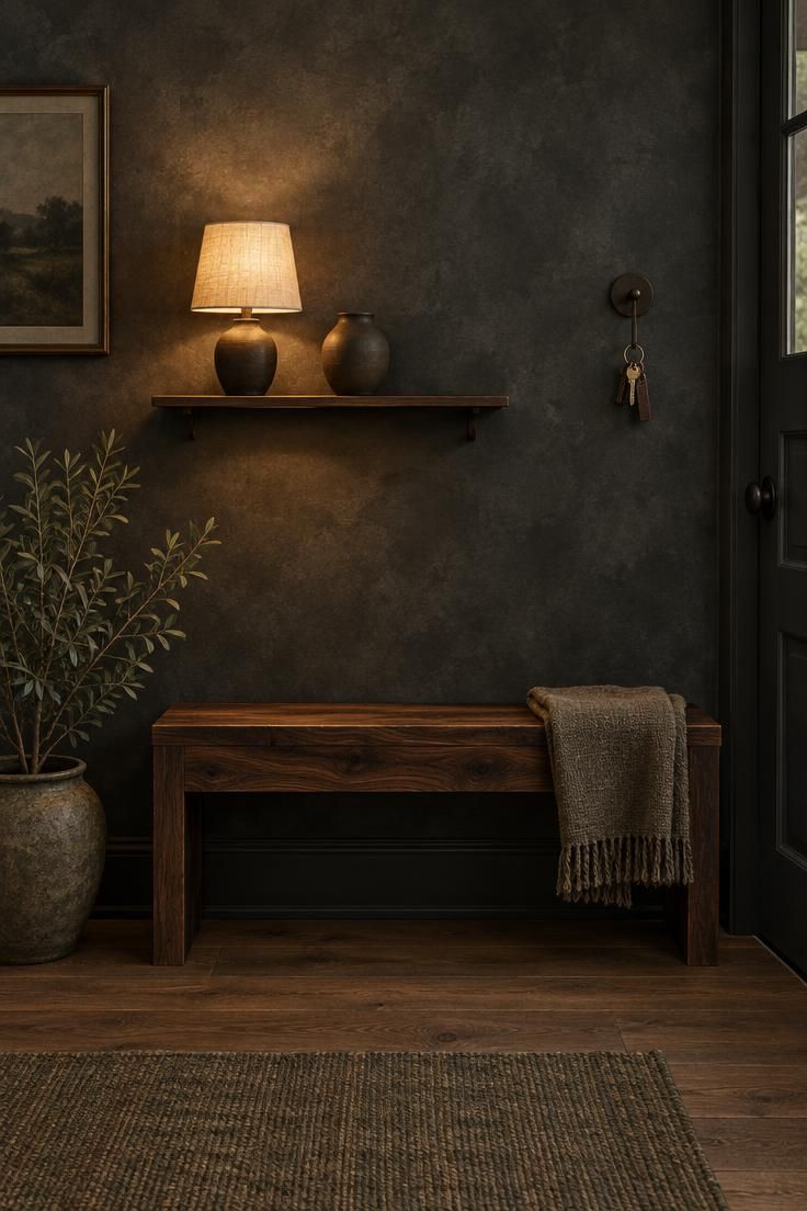 A charcoal limewash wall with a black walnut bench, a glowing linen-shaded lamp on a narrow shelf above, and a single ceramic vessel beside it.