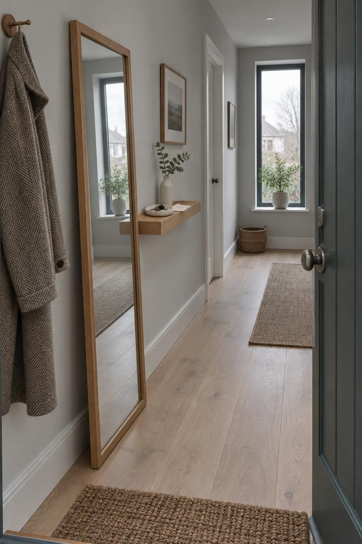 A wood-framed full-length mirror leaning at an angle beside a shallow white oak shelf holding a ceramic tray and keys in a narrow entry.