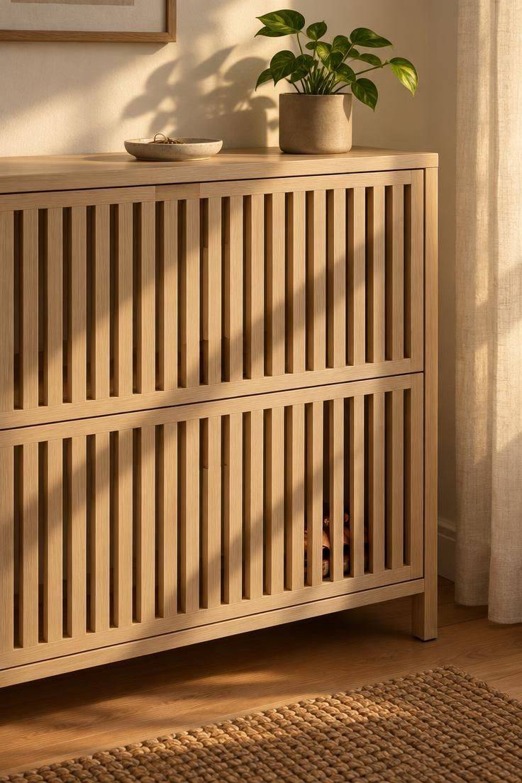 A pale ash two-tier shoe cabinet with vertical slatted doors holding a ceramic dish and a single green plant on top, in warm afternoon light.