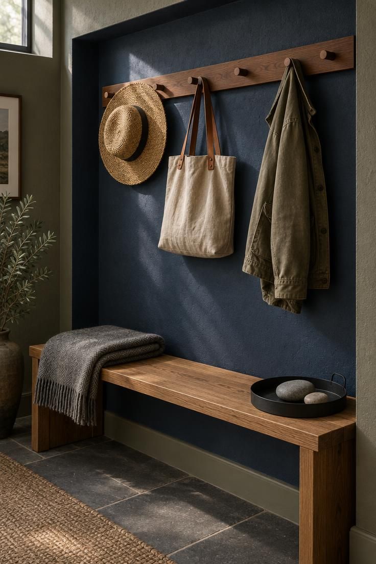 A deep indigo wall niche with a walnut peg rail holding a straw hat, linen tote, and canvas jacket above an oak bench with a folded wool throw.