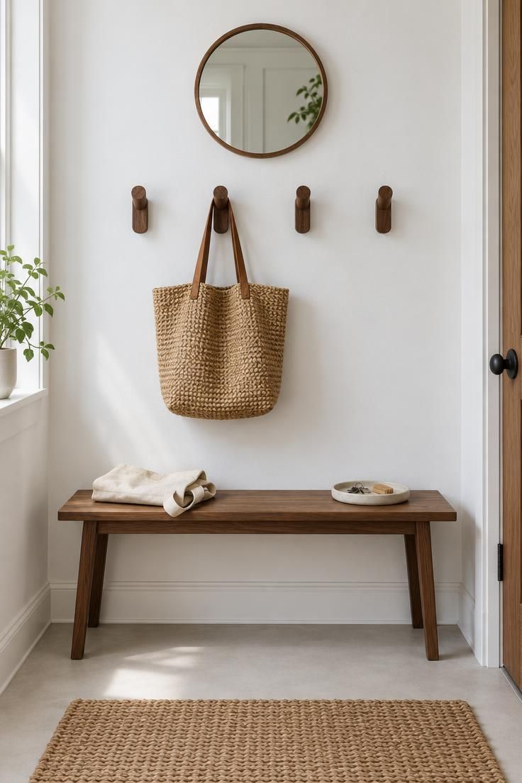 A row of black walnut hooks on a white wall above a slim wood bench, with a round mirror above and one woven tote bag hanging.