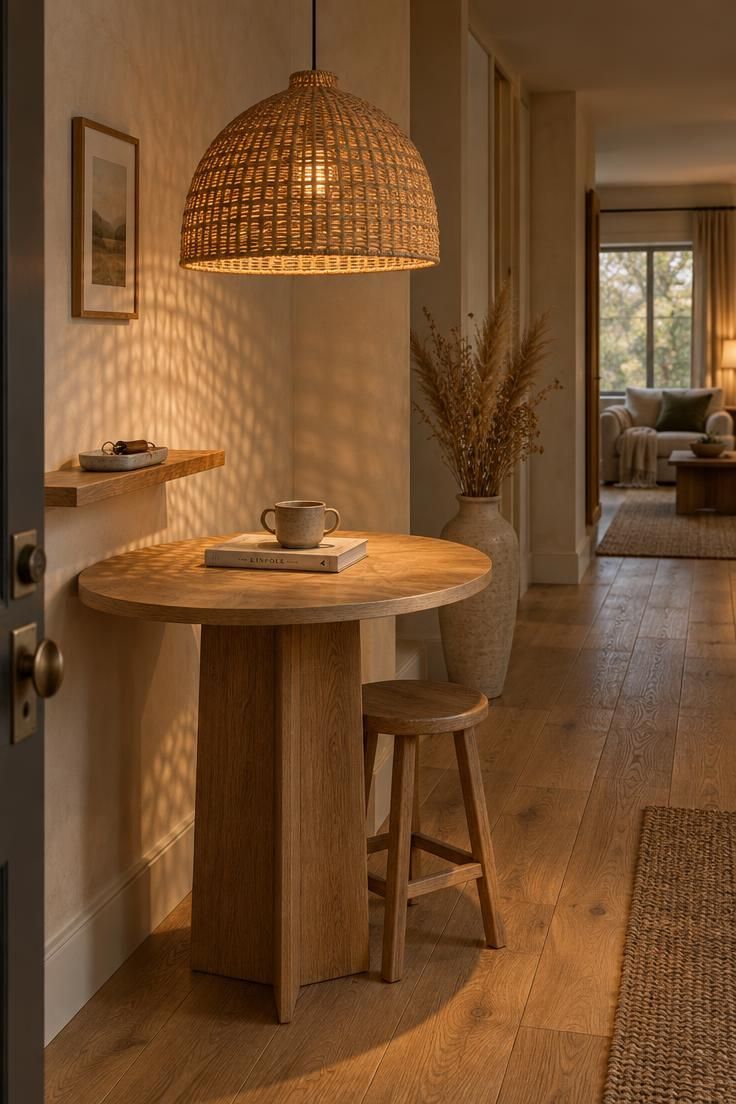 A rattan pendant light hanging low over a small round oak table with a wall shelf nearby, glowing warmly in a bright entry.