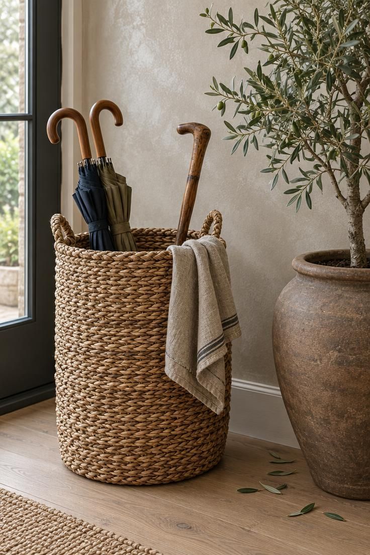 A tall woven seagrass basket holding umbrellas beside a large clay pot with a small olive tree on a pale oak floor.