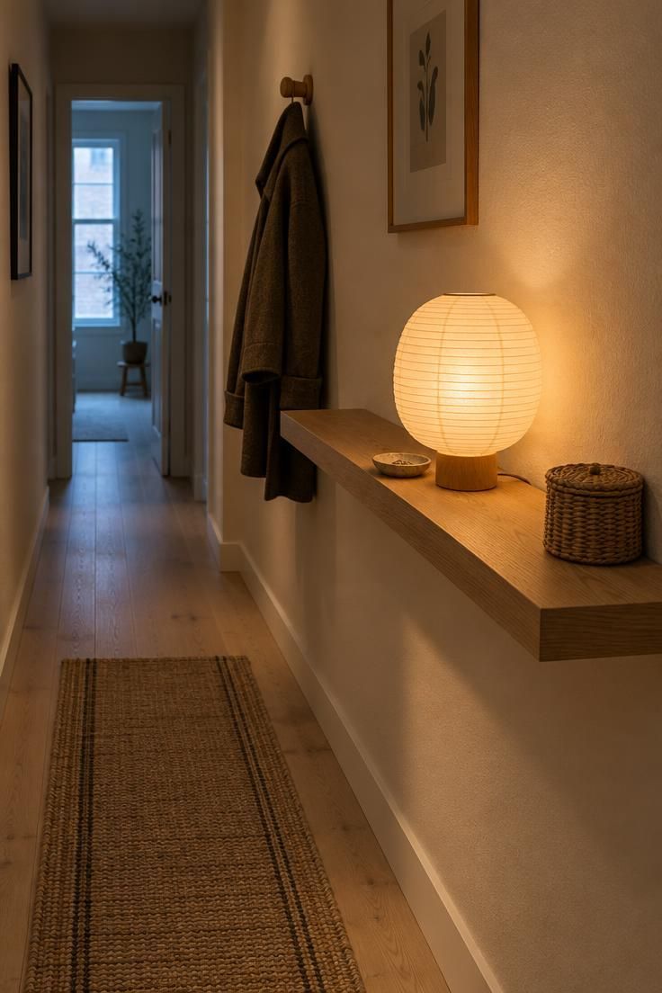 A floating oak shelf in a narrow entry holding a glowing paper-lantern table lamp and a small ceramic dish on a warm white wall.