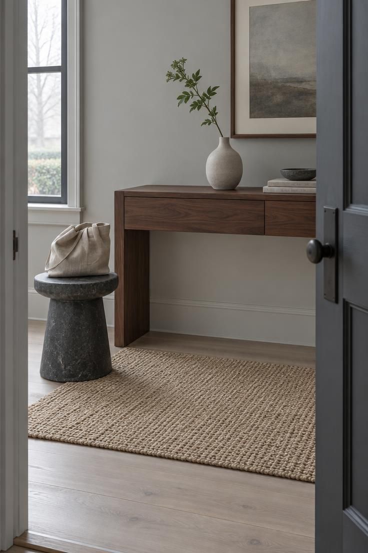 A walnut console on a low jute rug with a dark stone stool nearby and a single green stem in a vase, in cool overcast light.