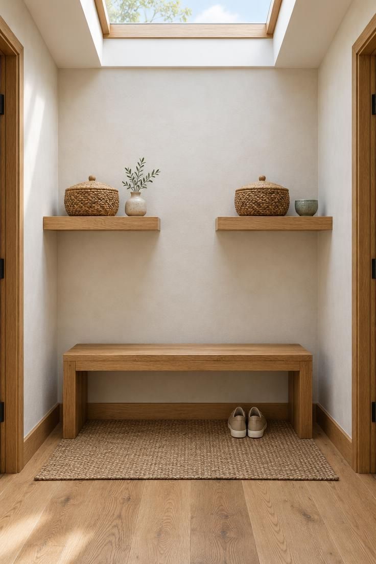 Two identical oak shelves holding lidded woven baskets flanking a low wood bench in a bright square entry alcove.