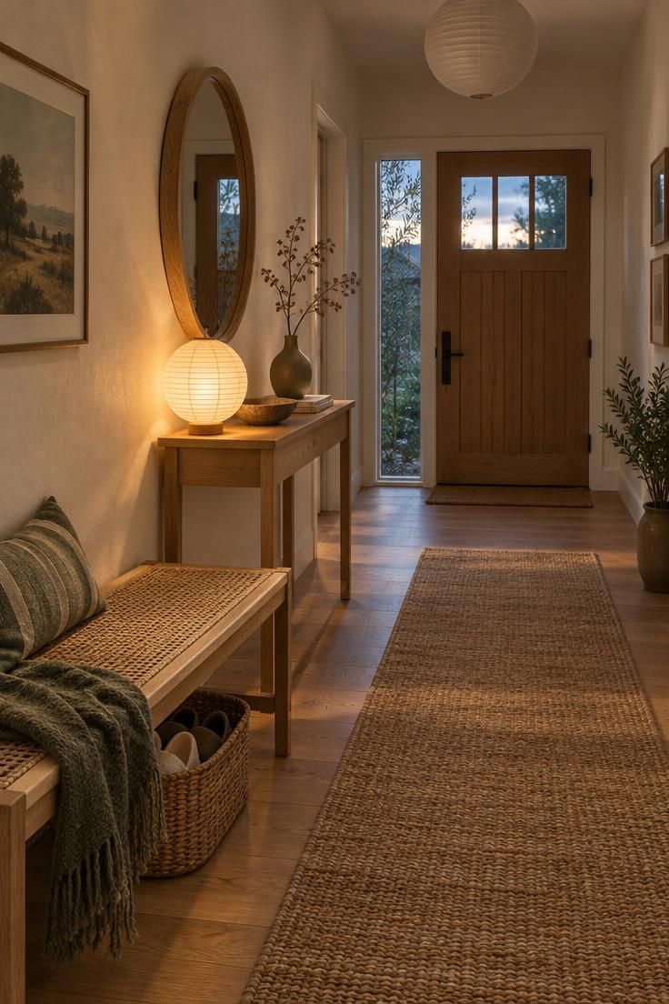 A warm Japandi entryway at dusk with a white oak console, round mirror, cane bench, sisal runner, and a glowing paper-lantern lamp.