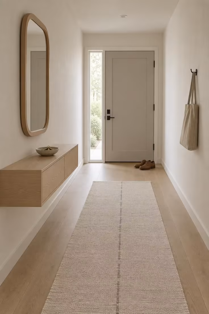 11 Calm Japandi Hallway Ideas for a Peaceful Entry 1 Pale oak floating console with a rounded oak-framed mirror above it on a warm white hallway wall, with a stoneware bowl and a flatweave runner.