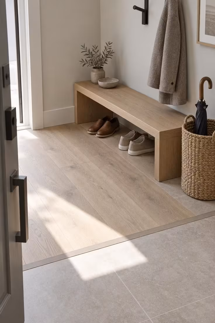 11 Calm Japandi Hallway Ideas for a Peaceful Entry 2 Floor transition where matte porcelain tile meets engineered oak planks, with a low oak bench and concealed shoe storage nearby.