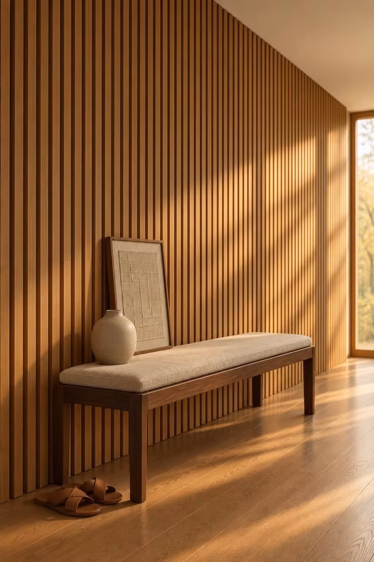 11 Calm Japandi Hallway Ideas for a Peaceful Entry 3 Vertical oak slats covering a short hallway wall behind a slim walnut bench with a linen cushion and ceramic vessel.