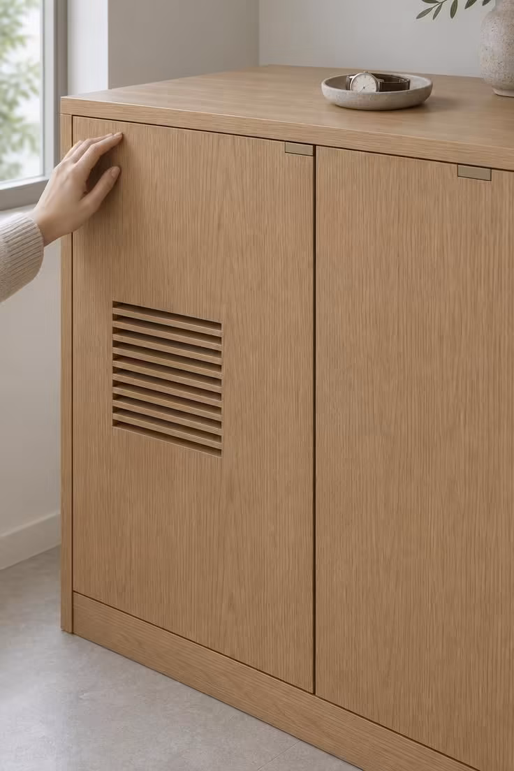 11 Calm Japandi Hallway Ideas for a Peaceful Entry 4 Close view of a flat-front oak shoe cabinet with push-latch doors and a slatted ventilation panel in one door face.