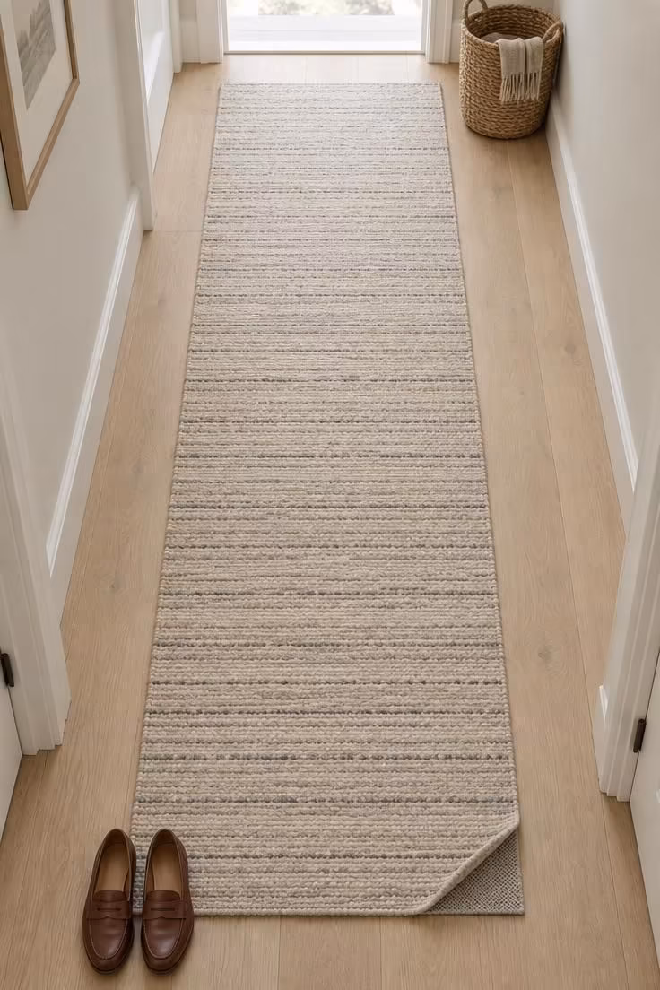 11 Calm Japandi Hallway Ideas for a Peaceful Entry 5 Overhead view of a low-pile wool runner with a subtle stripe on pale oak flooring, showing floor visible on both sides.