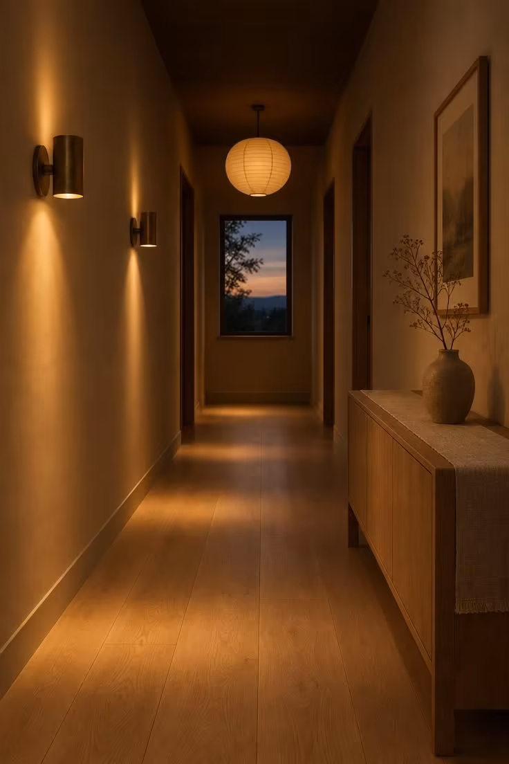 11 Calm Japandi Hallway Ideas for a Peaceful Entry 6 Two aged-brass wall sconces evenly spaced on a hallway wall with a rice-paper pendant glowing near the far end.