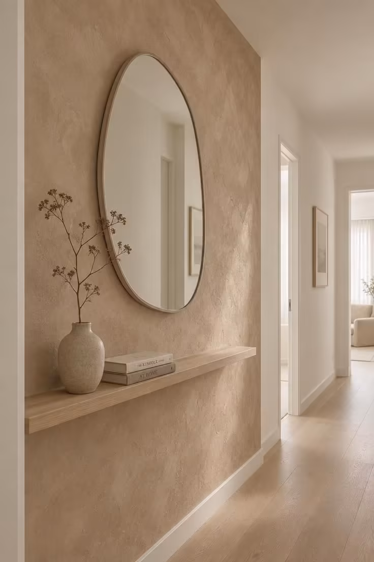11 Calm Japandi Hallway Ideas for a Peaceful Entry 7 Clay-plaster hallway wall with a large rounded ash-framed mirror above a narrow oak ledge and a single dried branch.
