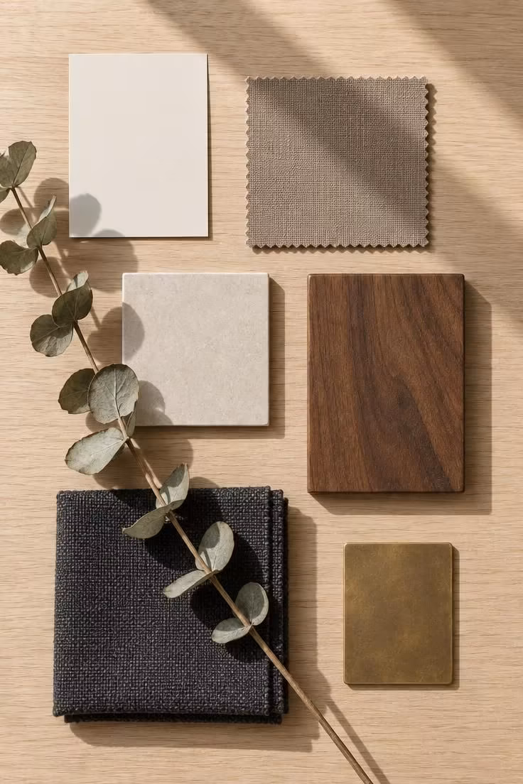 11 Calm Japandi Hallway Ideas for a Peaceful Entry 8 Overhead arrangement of warm neutral material samples on pale oak, including a paint chip, tile, walnut offcut, and runner swatch.