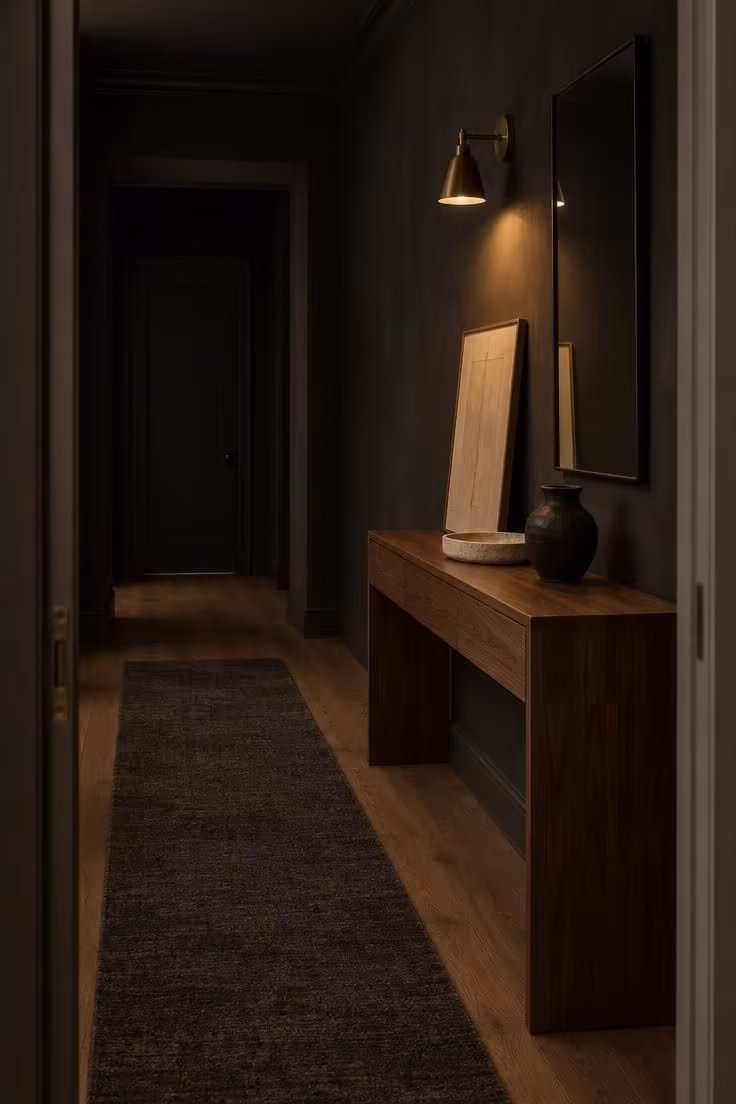 11 Calm Japandi Hallway Ideas for a Peaceful Entry 9 Charcoal-walled hallway with a walnut console, thin black-framed mirror, and a single warm sconce casting light down the wall.