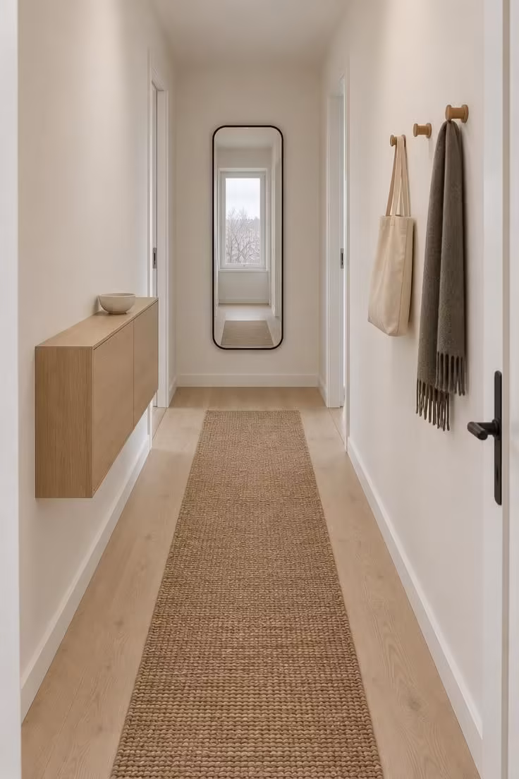11 Calm Japandi Hallway Ideas for a Peaceful Entry 10 Narrow hallway with a wall-mounted oak cabinet on one side, three wooden pegs opposite, and a slim jute runner down the center.