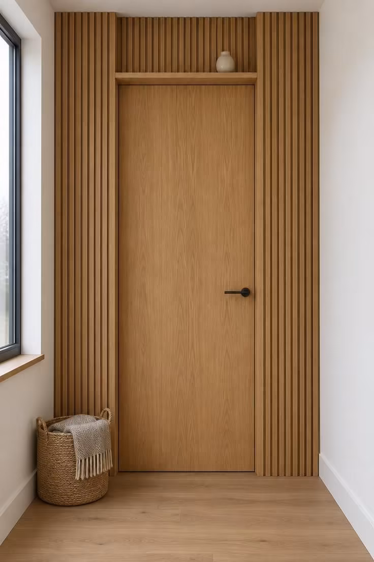 11 Calm Japandi Hallway Ideas for a Peaceful Entry 11 Hallway closet door surround finished in vertical oak slats framing a flush oak door with a slim black lever handle.