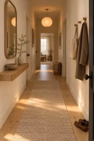 Warm Japandi hallway with a pale oak floating console, rounded mirror, oatmeal runner, wooden pegs, and a softly glowing paper pendant.