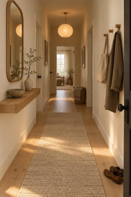 11 Calm Japandi Hallway Ideas for a Peaceful Entry Warm Japandi hallway with a pale oak floating console, rounded mirror, oatmeal runner, wooden pegs, and a softly glowing paper pendant.