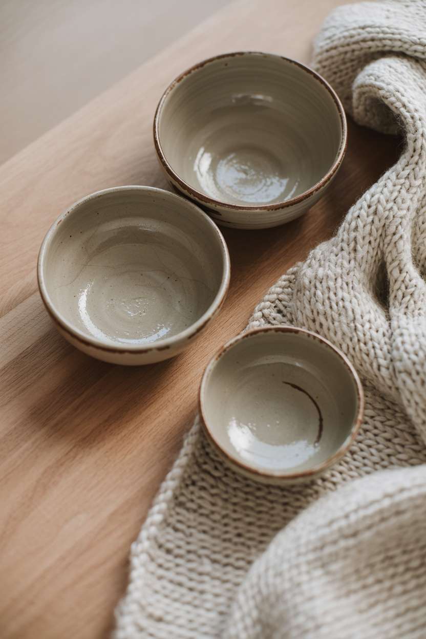 What Is Japandi Interior Design? A Simple Style Breakdown 1 A close-up arrangement of imperfect handmade ceramic bowls with visible fingerprints and irregular glazing, placed on a light wooden surface next to a soft wool throw in cream tones, demonstrating wabi-sabi beauty.