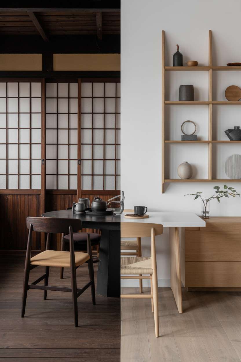 What Is Japandi Interior Design? A Simple Style Breakdown 2 A split-screen style composition showing Japanese elements (dark wood, paper screens, ceramic tea set) on one side and Scandinavian elements (light wood, wool textiles, simple pottery) on the other, demonstrating the fusion concept.