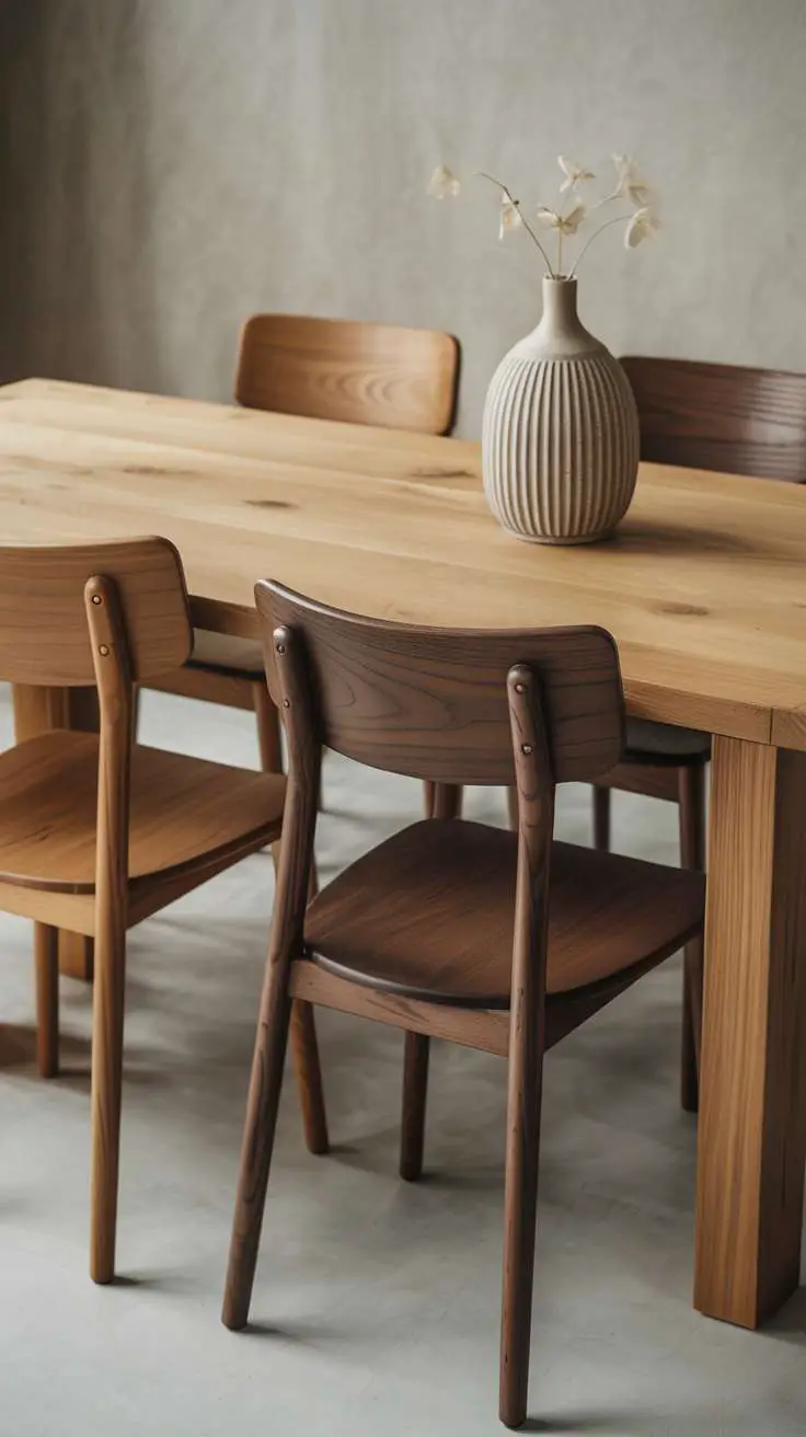 What Is Japandi Interior Design? A Simple Style Breakdown 3 A furniture arrangement displaying different wood tones - a light oak dining table paired with darker walnut chairs, showing natural wood grain patterns, knots, and color variations that create visual interest without overwhelming the space.