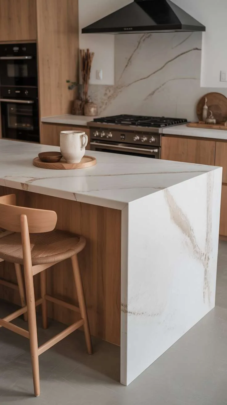 What Is Japandi Interior Design? A Simple Style Breakdown 4 A modern kitchen island featuring a beautiful soapstone countertop with natural veining, paired with light wood cabinetry and ceramic accessories, showing how stone materials integrate seamlessly with other natural elements.
