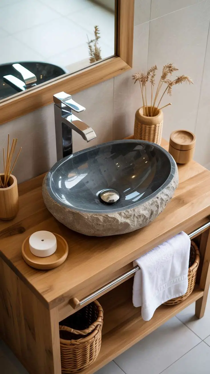 What Is Japandi Interior Design? A Simple Style Breakdown 5 A bathroom vanity area featuring a stone vessel sink in natural gray tones, a wooden vanity base, bamboo accessories, and soft towels, demonstrating how stone adds sophisticated texture while maintaining the overall calm aesthetic.