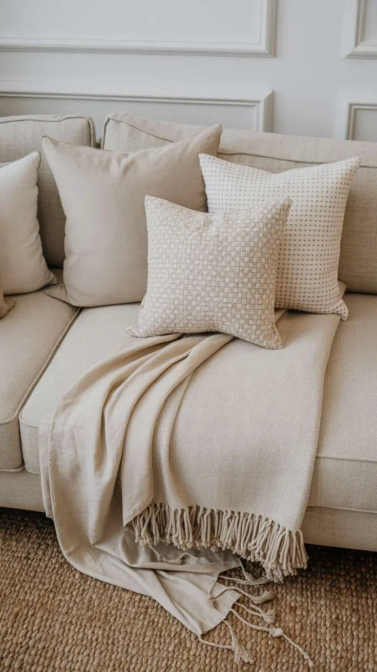What Is Japandi Interior Design? A Simple Style Breakdown 6 A layered textile arrangement on a neutral sofa showing linen throw pillows, wool blanket, cotton cushion covers, and jute rug beneath, all in coordinating neutral tones that create depth through texture rather than color.