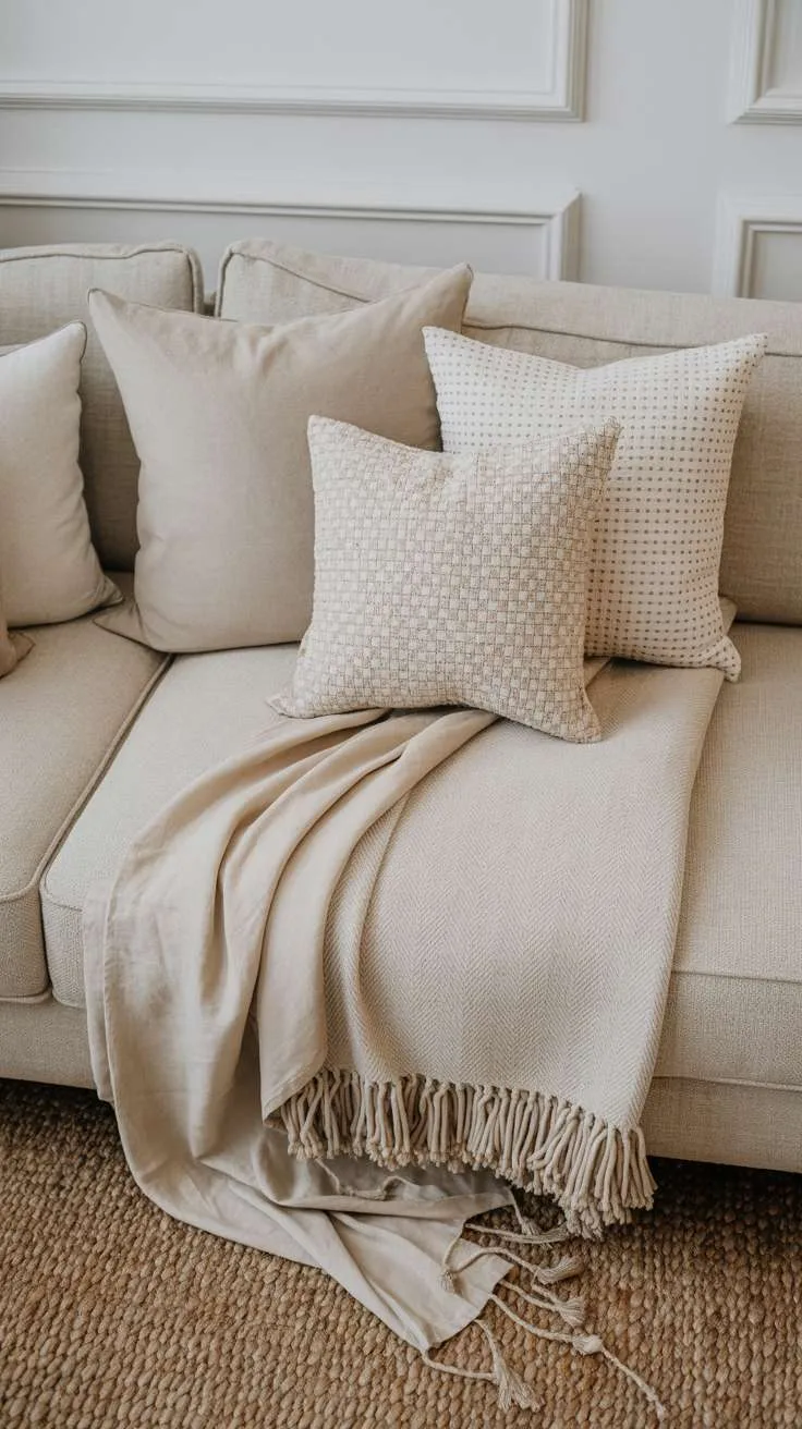 What Is Japandi Interior Design? A Simple Style Breakdown 6 A layered textile arrangement on a neutral sofa showing linen throw pillows, wool blanket, cotton cushion covers, and jute rug beneath, all in coordinating neutral tones that create depth through texture rather than color.
