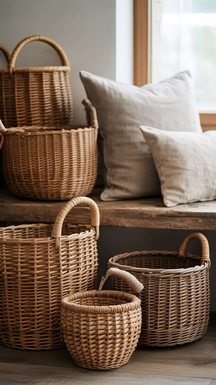 What Is Japandi Interior Design? A Simple Style Breakdown 7 A collection of woven storage baskets in various sizes made from natural rattan and jute, arranged near a wooden bench with linen cushions, showing how functional storage can be beautiful and sculptural.