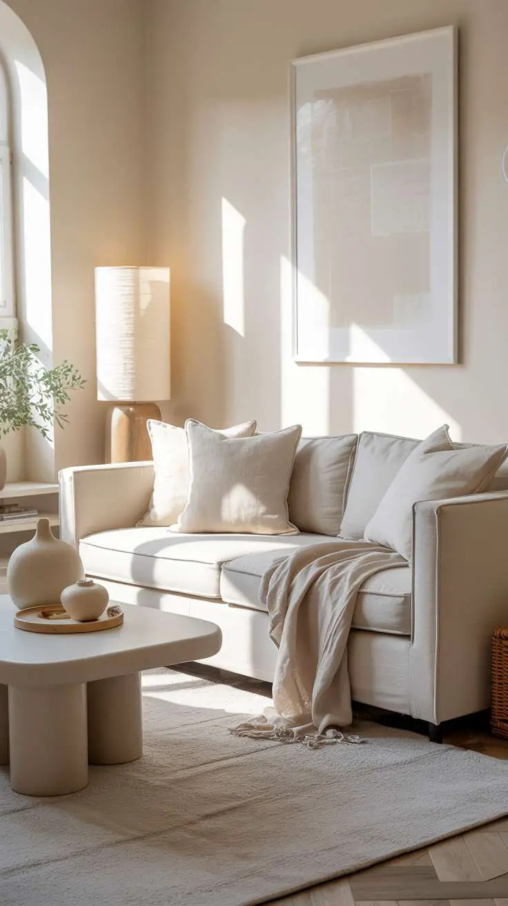 What Is Japandi Interior Design? A Simple Style Breakdown 8 A bright living room showcasing the full range of Japandi neutrals - cream walls, beige linen sofa, soft gray throw pillows, and white ceramic accessories, with abundant natural light creating subtle shadows and depth.