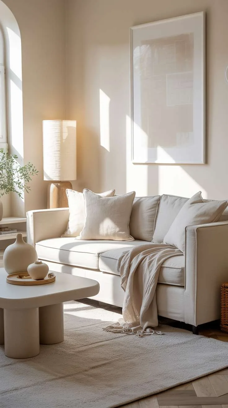 What Is Japandi Interior Design? A Simple Style Breakdown 8 A bright living room showcasing the full range of Japandi neutrals - cream walls, beige linen sofa, soft gray throw pillows, and white ceramic accessories, with abundant natural light creating subtle shadows and depth.
