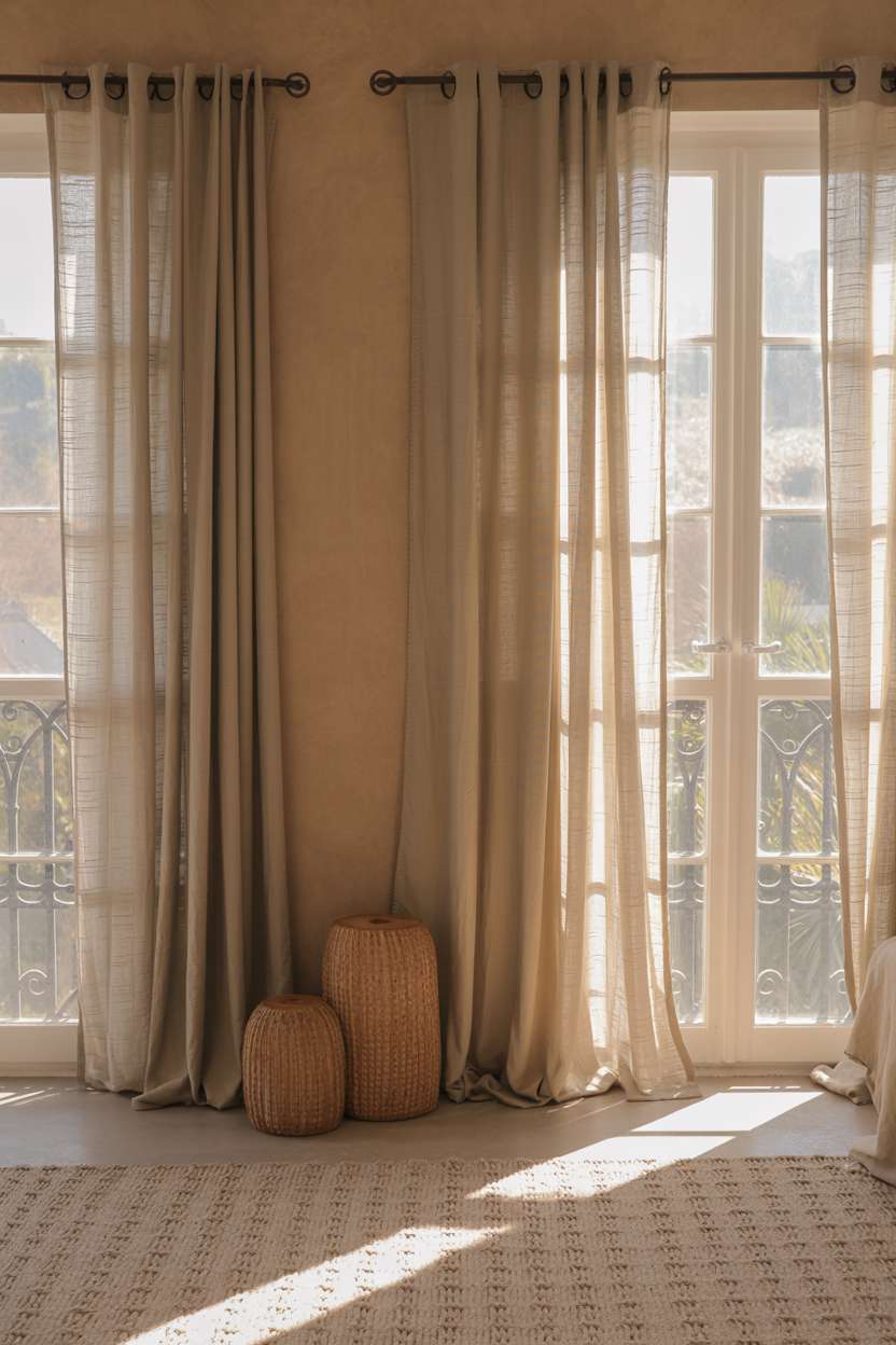 What Is Japandi Interior Design? A Simple Style Breakdown 9 Large windows dressed with sheer linen curtains allowing maximum natural light to filter into a room with pale walls, creating soft shadows and highlighting the natural textures of wood and fabric throughout the space.