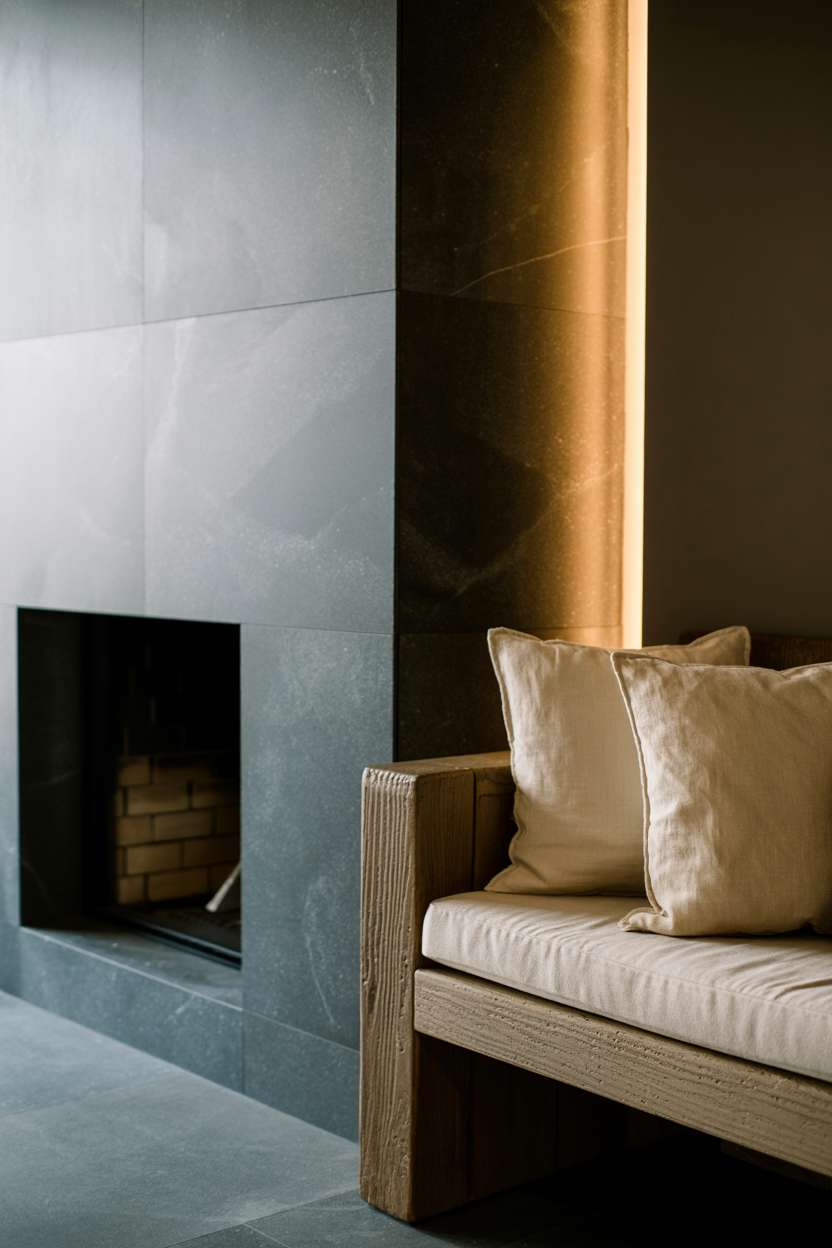 What Is Japandi Interior Design? A Simple Style Breakdown 10 A room corner demonstrating color temperature balance with cool gray stone surfaces paired with warm wooden elements and cream textiles, showing how different tones work together to create visual harmony.