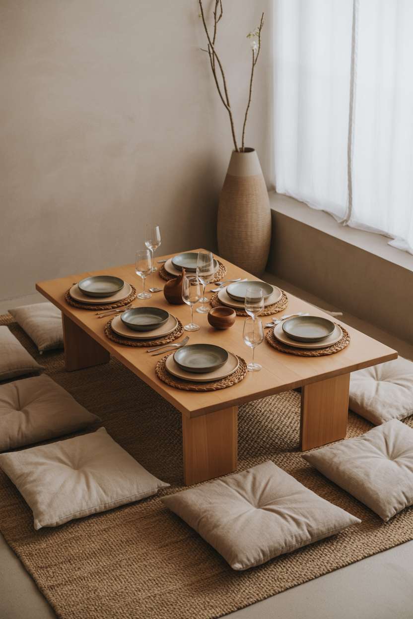 What Is Japandi Interior Design? A Simple Style Breakdown 11 A low wooden dining table surrounded by floor cushions in natural linen, with simple ceramic dishes and wooden serving pieces, demonstrating how low-profile furniture creates an intimate and peaceful dining experience.