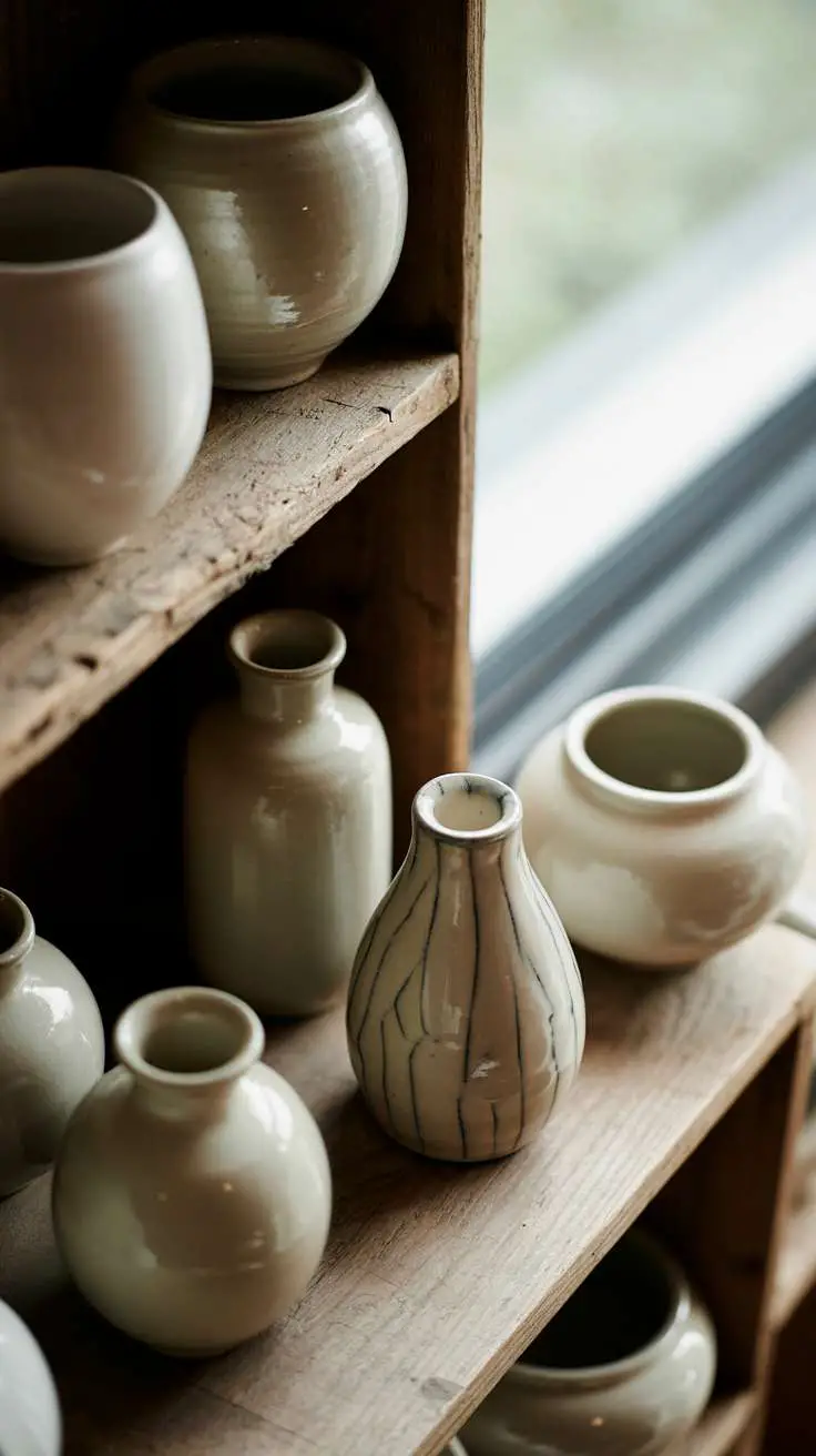 What Is Japandi Interior Design? A Simple Style Breakdown 12 A curated collection of handmade ceramic vessels in various neutral tones, showing subtle variations in shape and glaze that demonstrate the beauty of handcrafted imperfection, arranged on open wooden shelving.