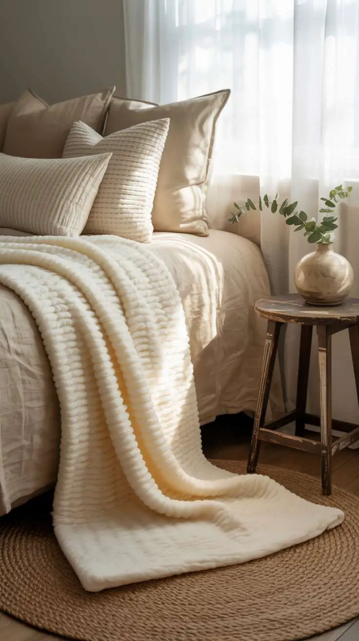 What Is Japandi Interior Design? A Simple Style Breakdown 13 A serene bedroom featuring layered natural textiles - linen sheets, wool throw blanket, cotton pillows, and jute rug - all in coordinating neutral tones that create depth and comfort without visual overwhelming.