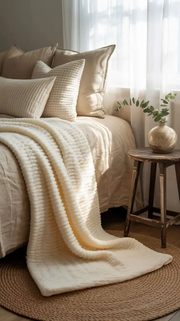 What Is Japandi Interior Design? A Simple Style Breakdown 13 A serene bedroom featuring layered natural textiles - linen sheets, wool throw blanket, cotton pillows, and jute rug - all in coordinating neutral tones that create depth and comfort without visual overwhelming.