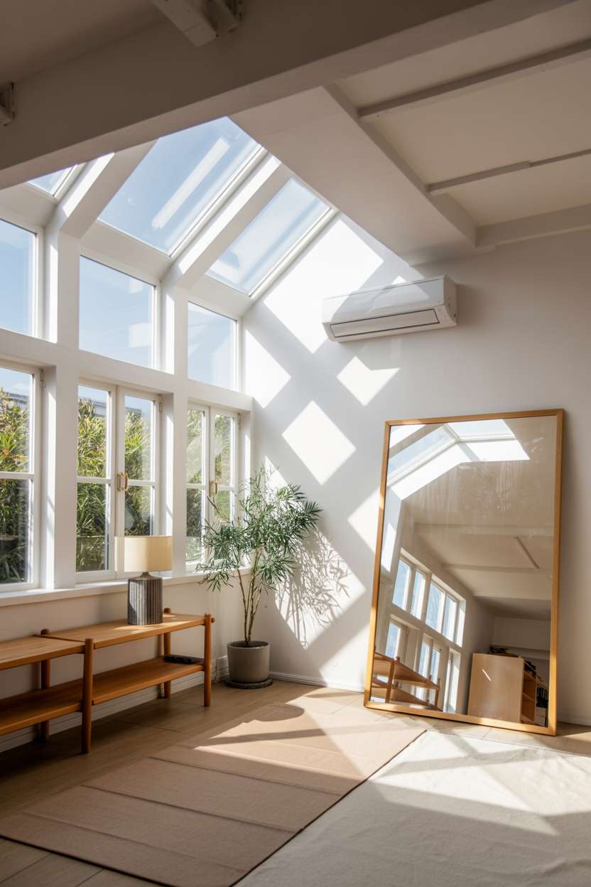What Is Japandi Interior Design? A Simple Style Breakdown 14 A bright room with multiple light sources including large unobstructed windows, skylights, and strategically placed mirrors reflecting natural light, creating layers of illumination throughout the day.
