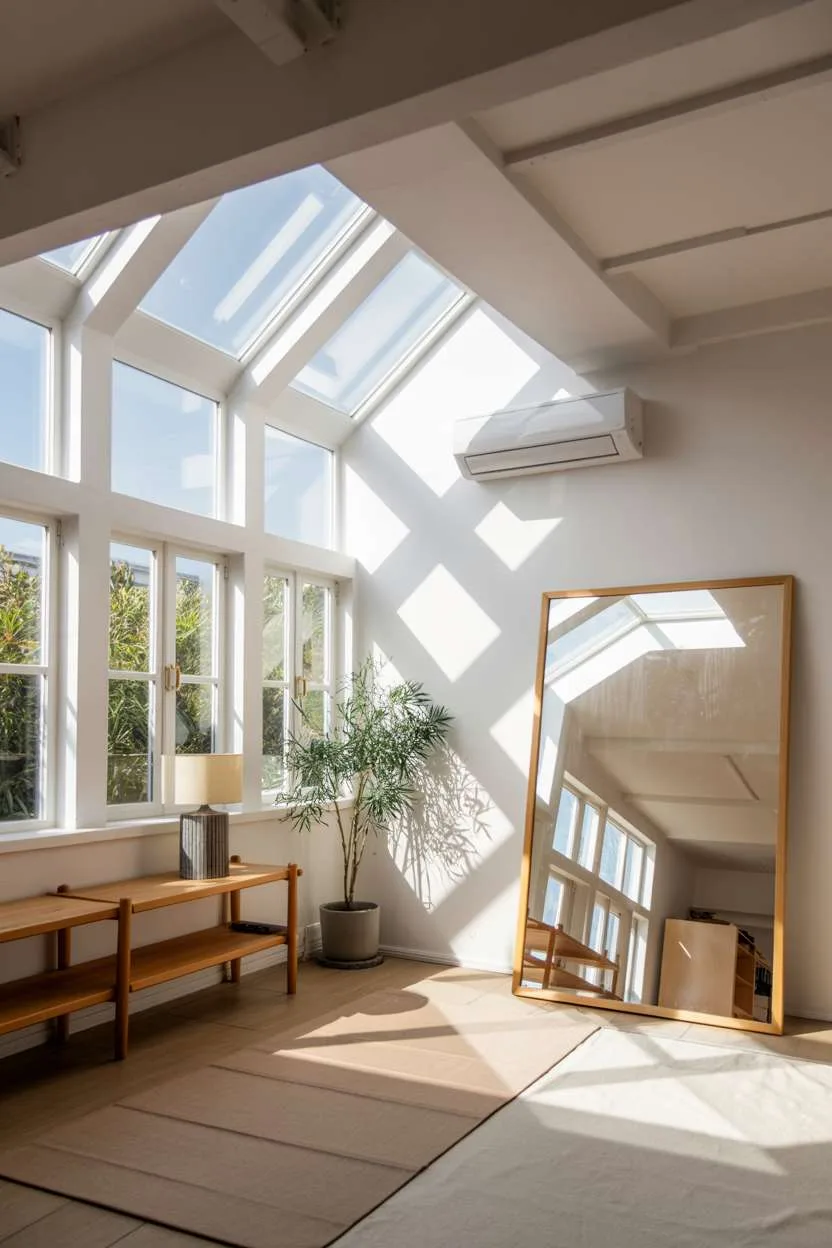 What Is Japandi Interior Design? A Simple Style Breakdown 14 A bright room with multiple light sources including large unobstructed windows, skylights, and strategically placed mirrors reflecting natural light, creating layers of illumination throughout the day.