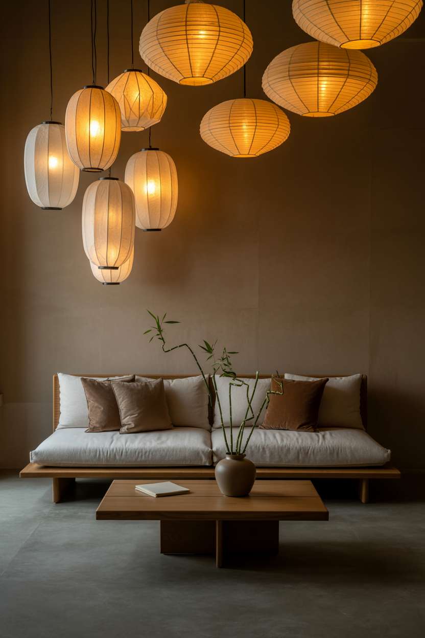 What Is Japandi Interior Design? A Simple Style Breakdown 15 A collection of Japanese-inspired paper lanterns and Scandinavian wooden pendant lights creating warm, ambient lighting in an evening interior setting, showing how artificial light can maintain the natural aesthetic.