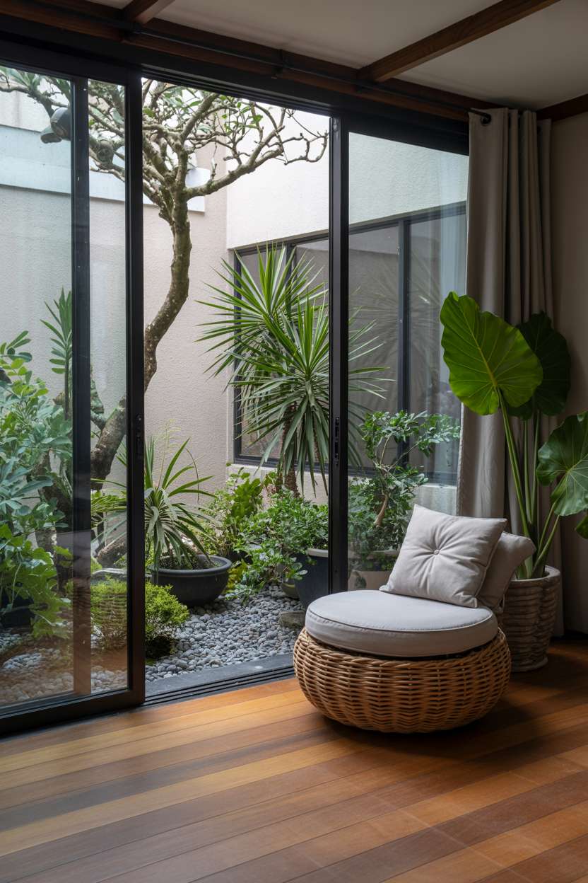 What Is Japandi Interior Design? A Simple Style Breakdown 16 A room with floor-to-ceiling windows showing a seamless connection between interior plants and outdoor garden, with similar species and design principles flowing from inside to outside spaces.
