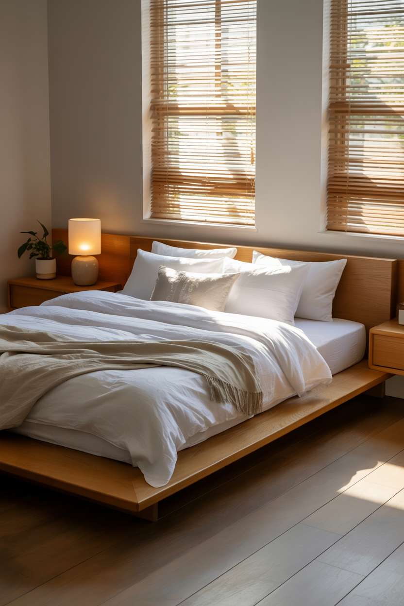 What Is Japandi Interior Design? A Simple Style Breakdown 17 A peaceful Japandi bedroom featuring a low platform bed made from light oak wood, crisp white linen bedding with subtle texture, single ceramic table lamp with warm light, small potted plant on wooden nightstand, and soft morning light filtering through natural bamboo window blinds onto pale wooden floors.
