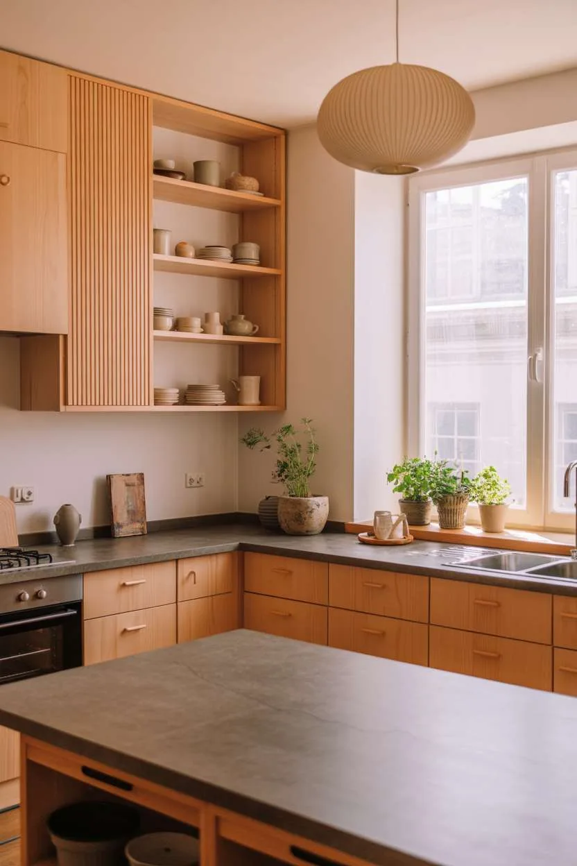 What Is Japandi Interior Design? A Simple Style Breakdown 18 A clean Japandi kitchen featuring light wooden cabinets with visible grain patterns, gray stone countertops with natural veining, ceramic dishware displayed on open wooden shelving, single pendant light with paper shade, small herb garden in ceramic pots on windowsill, and morning light streaming through unadorned window.