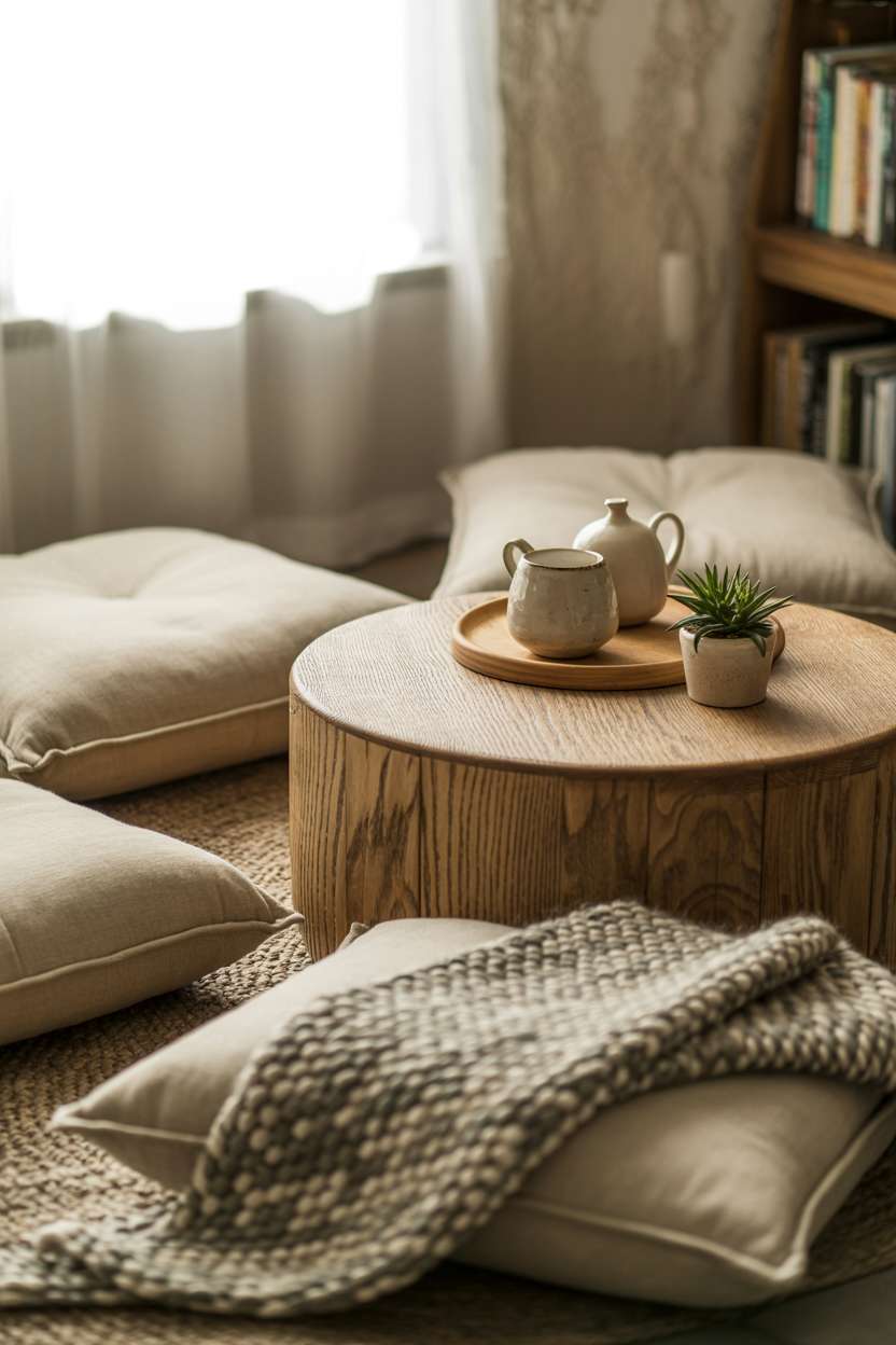What Is Japandi Interior Design? A Simple Style Breakdown 19 An intimate seating area featuring low wooden coffee table with visible grain, comfortable floor cushions covered in natural linen fabric, handwoven throw blanket in neutral tones draped casually, ceramic tea set with imperfect glazing, and soft natural light filtering from nearby window creating gentle shadows.