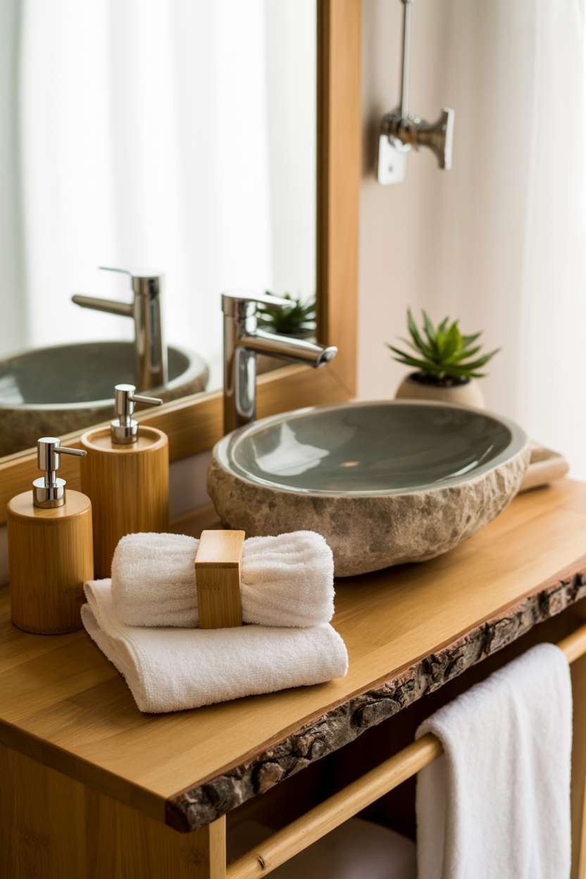 What Is Japandi Interior Design? A Simple Style Breakdown 20 A spa-like bathroom featuring wooden vanity with natural edge, stone vessel sink in gray tones, bamboo accessories including soap dispenser and towel holder, fluffy white cotton towels folded neatly, small succulent plant in ceramic pot, and natural light from frosted glass window creating soft illumination.