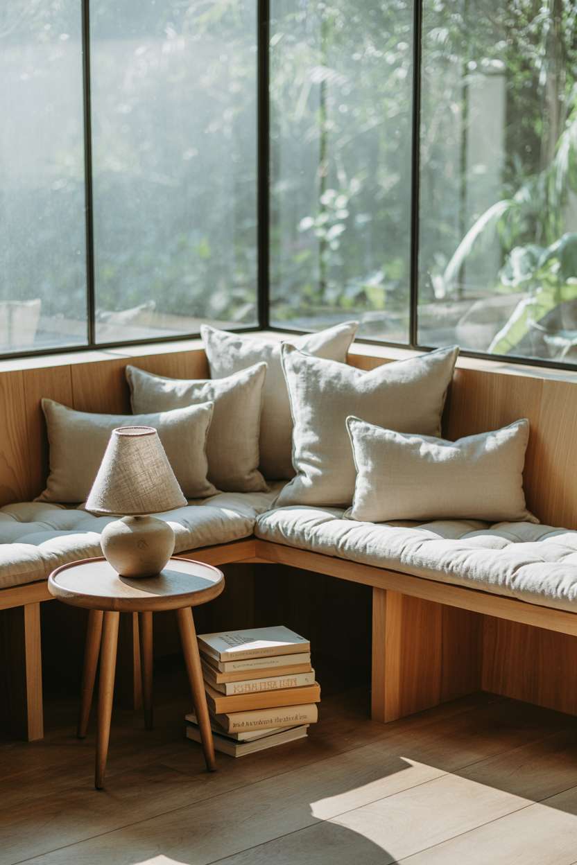 What Is Japandi Interior Design? A Simple Style Breakdown 21 A quiet corner featuring built-in wooden bench with smooth finish, neutral linen cushions for comfort, small wooden side table holding ceramic reading lamp, carefully stacked books with visible spines, and view of garden through large clear window with minimal frame, all bathed in soft natural reading light.